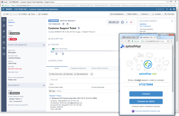 Splashtop On-Demand Support (SOS) integrated with Autotask PSA