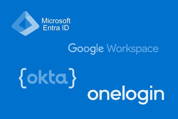 Logos for Microsoft Entra ID, Google Workspace, Okta, and OneLogin on a blue background, representing different identity and access management services.