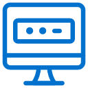 Blue line drawing of a computer monitor displaying a password entry field with three dots and a dash, indicating a login or password input screen.