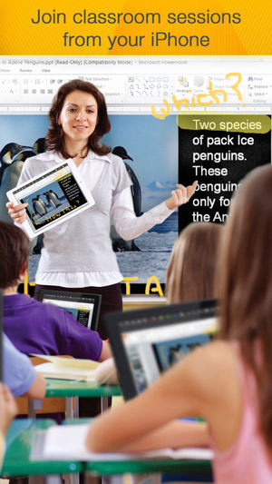 A teacher holding a tablet stands in front of a classroom, teaching about penguins. Students sit at desks, each using a tablet, while a presentation with penguin images is displayed on a large screen.