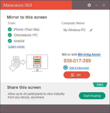 Mirroring360 interface showing options to mirror to this screen from iPhone/iPad/Mac, Chromebook/PC, and Android