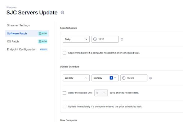 SJC Servers Update interface showing scan and update schedule settings with daily and weekly options configured.