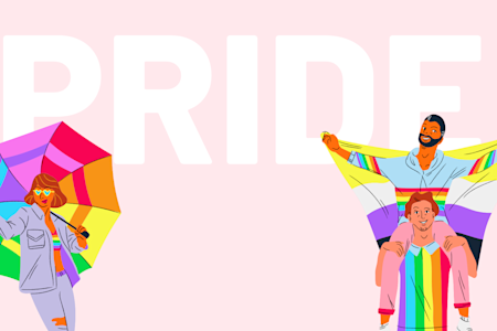 Illustration of people celebrating Pride with colorful outfits and accessories, promoting diversity