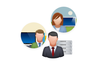 Illustration of three business people, two in front of computer screens and one in front of server racks