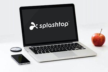Laptop With Splashtop Logo, Phone, And Smartwatch On Desk