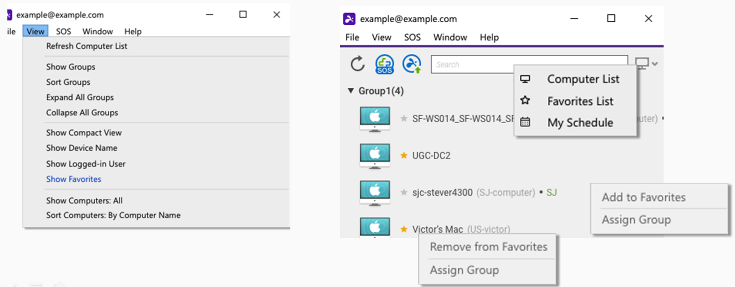 Two screenshots: the left shows a dropdown menu with options like Show Groups and Show Favorites; the right shows a software interface with a search bar and various pop-up menus for favorites and group assignments.