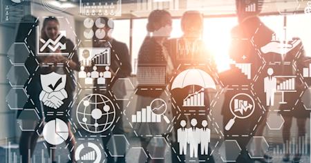 Business team with icons representing data, security, and vendor risk assessment.