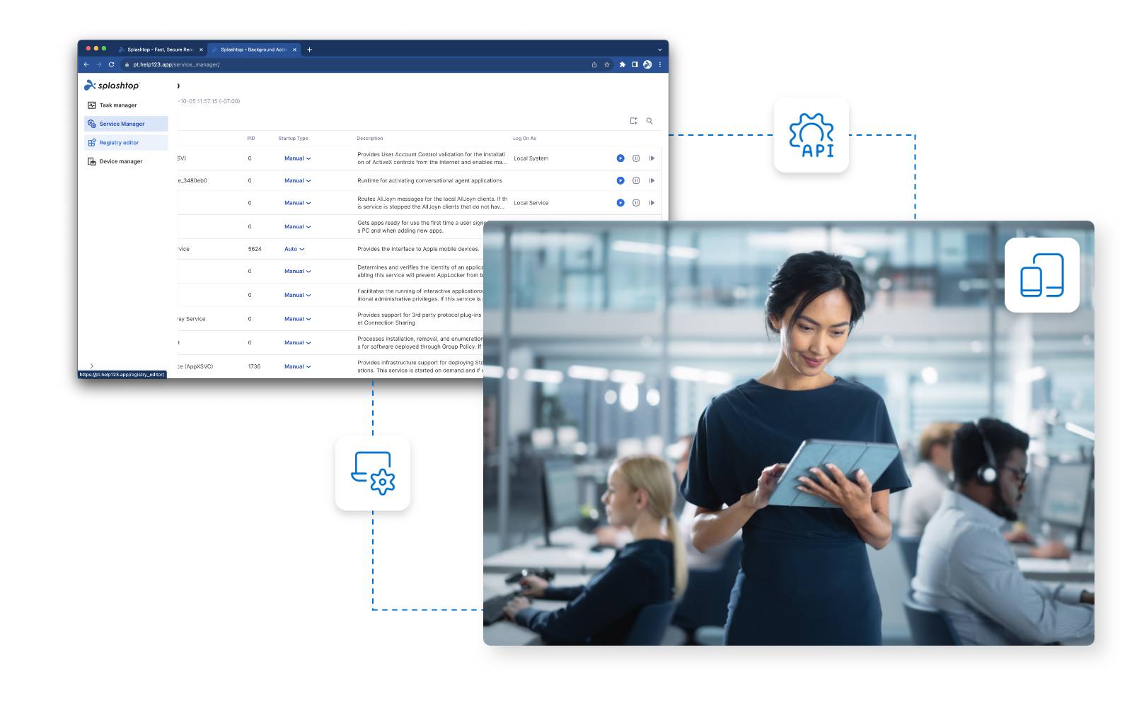 A woman in an office uses a tablet. Beside her is a screenshot of a web dashboard with data, icons representing API, settings, and devices, connected by dotted lines, suggesting digital workflow integration.