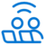 Blue icon showing two stylized people sitting next to each other, with curved lines above them resembling a wireless signal, on a light gray background.