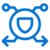 Blue icon showing a shield inside a circle with antennas and arrows pointing outward, representing security or protection.