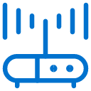Blue line drawing of a Wi-Fi router with two antennas and signal waves, on a light gray background.