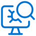 Blue icon of a computer monitor displaying a jagged line, with a large magnifying glass hovering over part of the line, suggesting data analysis or investigation.