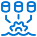 Blue icon showing three databases connected to a central gear, symbolizing data integration or database management.