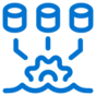Blue icon showing three databases connected to a central gear, symbolizing data integration or database management.