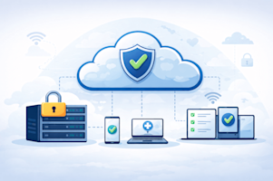 Illustration of cloud computing security: a cloud with a shield and check mark, a locked server, and connected devices (phones, laptop, tablets) with check marks, symbolizing secure data and network protection.