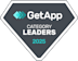 A diamond-shaped badge with the GetApp logo and text that reads: GetApp Category Leaders 2025 in white and teal on a dark gray background.