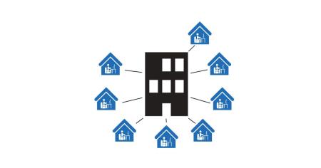 Vector infographic illustrating homes interconnected wirelessly with Splashtop for virtual connectivity
