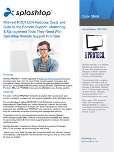 A case study document for Splashtop shows a man wearing headphones and glasses using a computer. The page highlights Midwest PROTECH’s use of Splashtop Remote Support Premium to lower costs and improve remote support services.