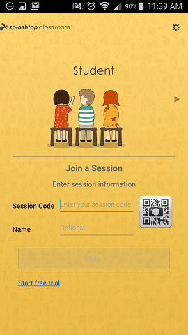 Splashtop Classroom mobile app student interface with options to enter session code and name to join a session