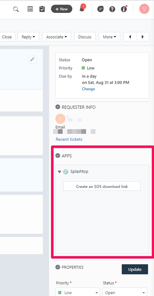 A screenshot of a help desk ticket interface displays ticket details, requester info, and an APPS section with the Splashtop app and a button labeled Create an SOS download link, highlighted by a pink box.