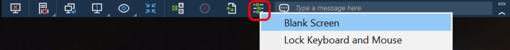Computer screen showing a toolbar with various icons, one icon is circled in red and a dropdown menu is open with options Blank Screen and Lock Keyboard and Mouse visible.