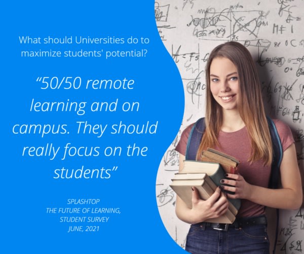 A smiling student holding books stands in front of a chalkboard with math equations. A blue overlay features a quote about universities balancing remote and on-campus learning to maximize student potential.