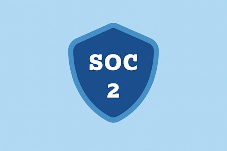 A dark blue shield with a lighter blue border displays the text SOC 2 in white, set against a light blue background.