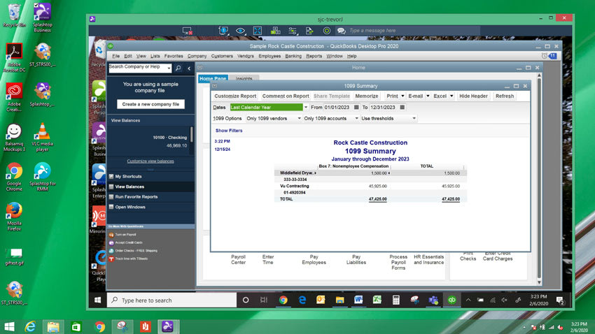 A computer desktop displays QuickBooks Desktop Pro 2020 with a 1099 Summary report window for Rock Castle Construction, showing payees and amounts. Multiple application icons are visible on the left side of the screen.