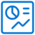 Blue icon of a dashboard displaying a pie chart, two horizontal lines, and an upward-trending line graph, all inside a square frame on a light background.