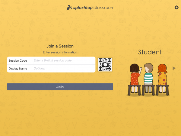 Splashtop Classroom tablet app student interface with options to enter session code and name to join a session