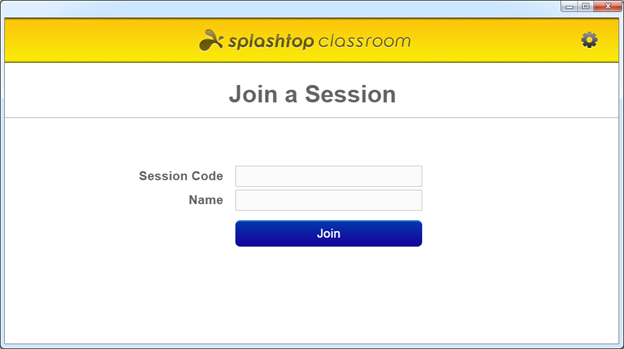 Splashtop Classroom interface with fields to enter session code and name to join a session