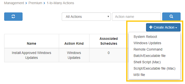 A web interface showing a table of actions with an open Create Action dropdown listing options like System Reboot, Windows Updates, Remote Command, scripts, and MSI file. Install Approved Windows Updates is listed in the table.