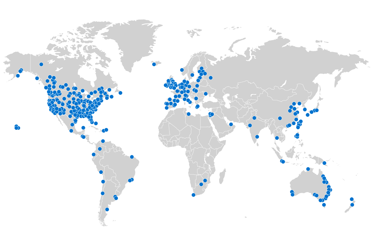 World map with blue dots with density in North America, Europe, Asia and Australia