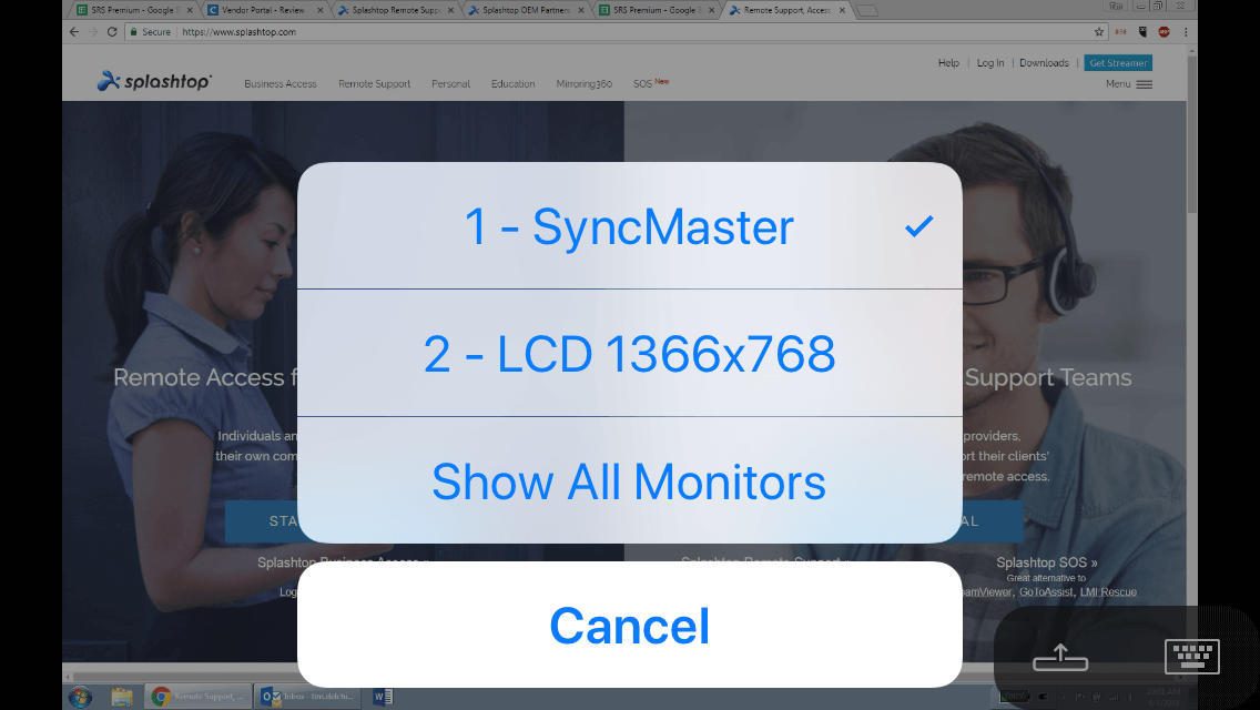Splashtop interface with options to select monitors