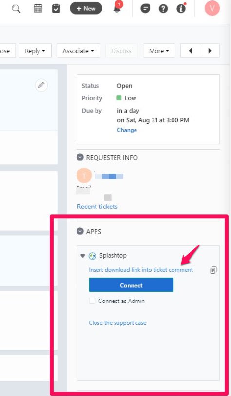 Screenshot of a support ticket interface showing an Apps section with the Splashtop app. The Connect button is highlighted by a red box and arrow, offering options to connect or insert a download link.