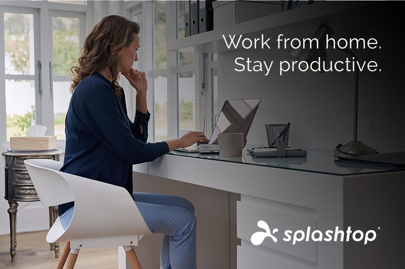 A woman sits at a desk in a home office, working on a laptop with a notebook beside her. Text on the image reads, Work from home. Stay productive. The Splashtop logo appears at the bottom right.