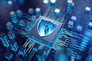 A shield with a lock icon on a glowing circuit board, symbolizing cybersecurity trends and data protection.
