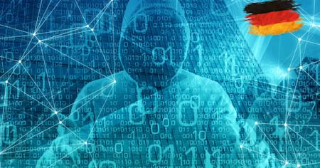 A cybercriminal in Germany in front of binary code and network connections.