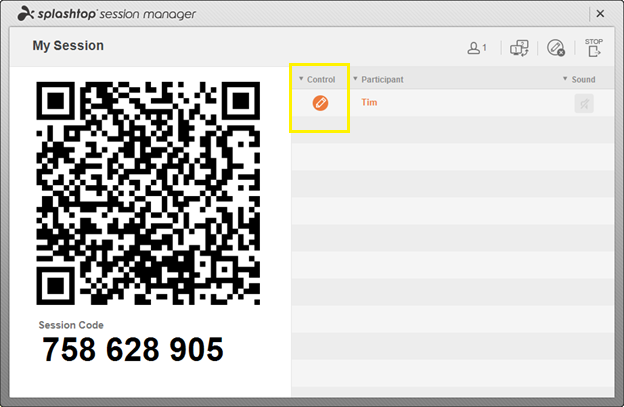 Splashtop session manager interface displaying a QR code