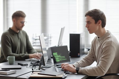 Two IT professionals working on endpoint security with EDR tools in an office.