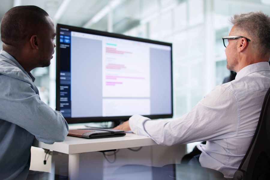 Two men sit at a desk working together, looking at a large computer monitor displaying a document with highlighted text in an office with bright natural light.