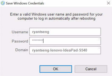 A Windows dialog box titled Save Windows Credentials prompts for username, password, and domain, with ryantseng filled in for username and a masked password. OK and Cancel buttons are at the bottom.