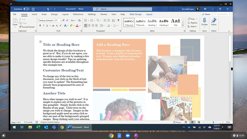 A computer screen displays a Word document with a two-column layout, headings, sample text, and images arranged with colored blocks. The background shows a beach scene through the window.