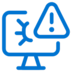 Blue icon of a computer monitor with a cracked screen and a warning triangle containing an exclamation mark, indicating a computer error or malfunction.