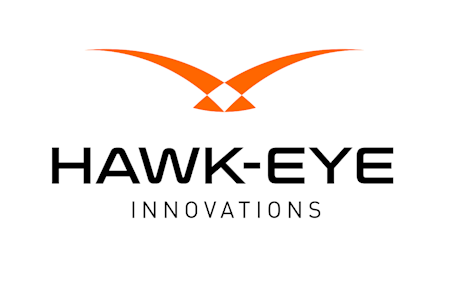 Hawk-Eye Innovations logo featuring stylized orange arcs resembling a hawks wings above the words HAWK-EYE in bold black letters and INNOVATIONS in smaller black text below.