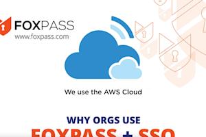 Foxpass logo and website, large blue cloud icon indicating AWS Cloud usage, and text saying WHY ORGS USE FOXPASS + SSO with padlock shield graphics in the background.