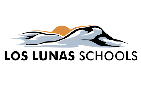 Logo for Los Lunas Schools featuring stylized mountains with the sun rising or setting behind them, and the words “LOS LUNAS SCHOOLS” in bold black letters below the image.