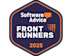 A dark blue hexagonal badge with an orange border displays the text Software Advice FRONT RUNNERS 2025 in white and orange, with a speech bubble icon and dotted design.