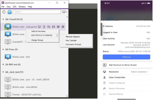 A computer screen shows a remote desktop management app on the left with a menu open for a selected session, and a mobile device management interface on the right displaying device details and control options.