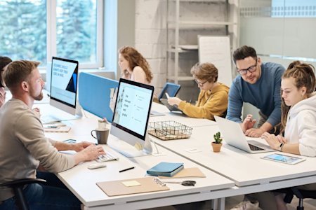 Several people working on their computers in an office.